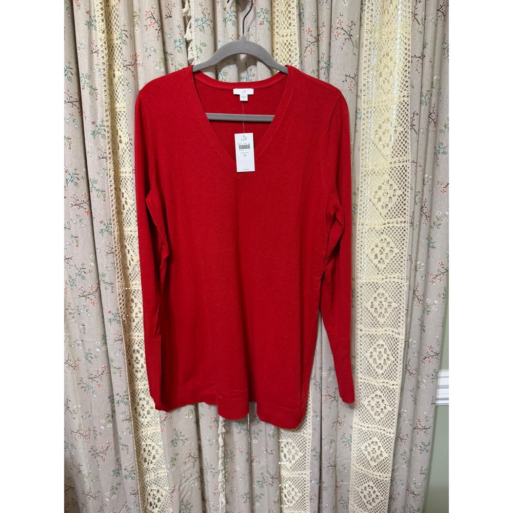 NWT J.Jill Ruby Red V Neck Tunic Sweater Size M Cotton Blend
